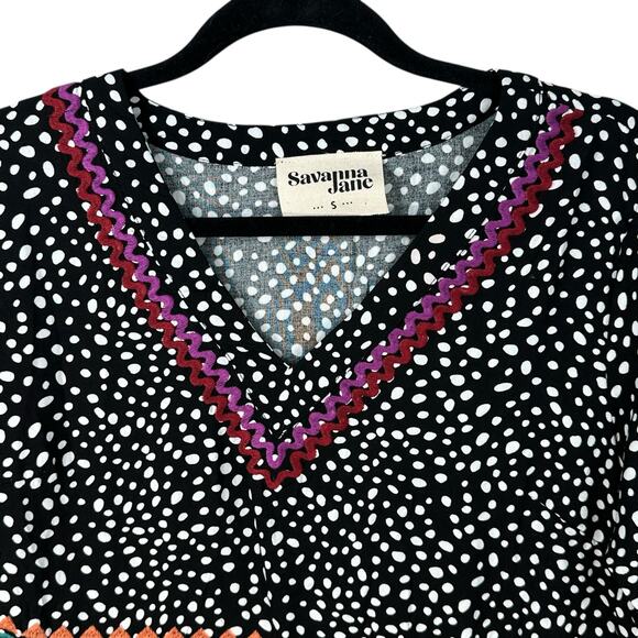 Savanna Jane Top Womens Small Polka Dot Embroidered Bell Sleeve Tiered Blouse - Picture 2 of 6